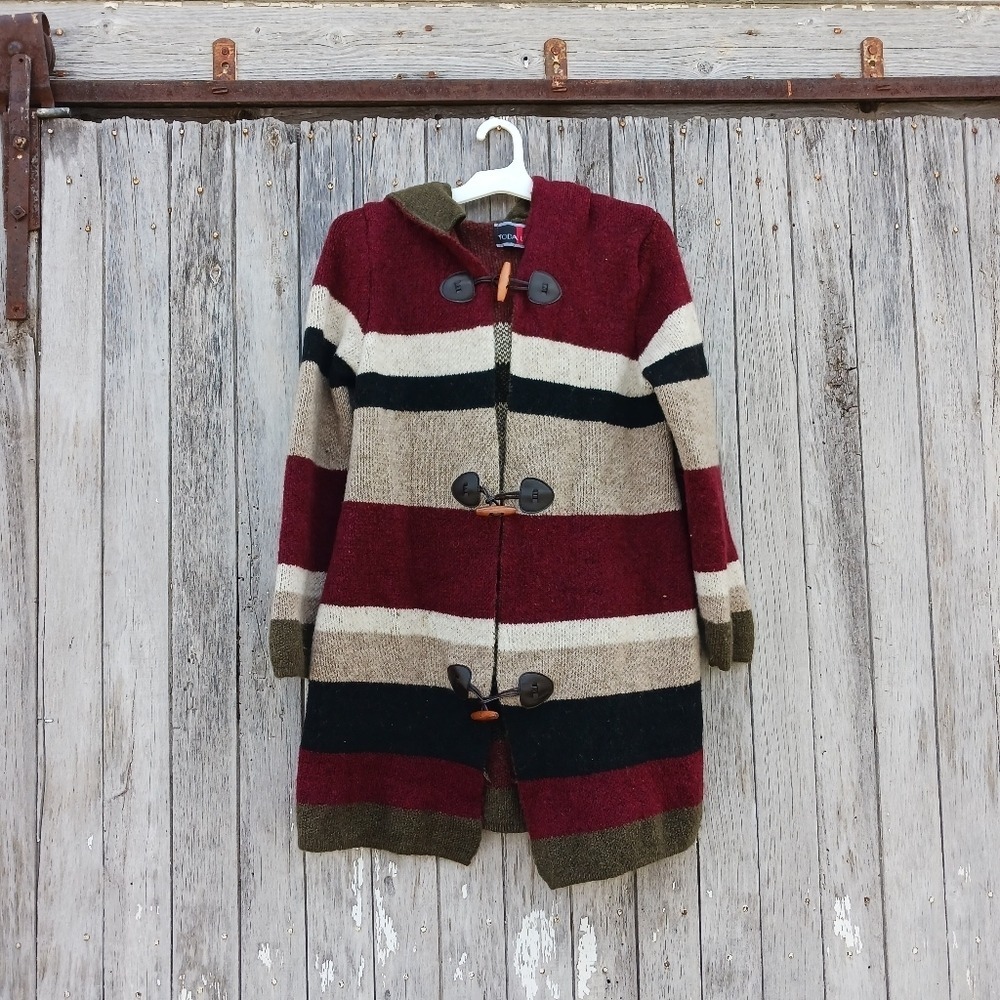 Toda Bela Wool Blend Stripe Hooded Toggle Long Cardigan Sweater Women's Sz S